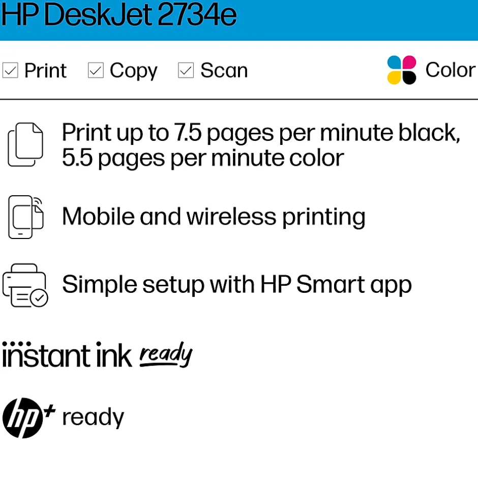 Instant Photo Printers<HP DeskJet 2734e Wireless Color Inkjet Printer, All-In-One, Print, Scan, Copy, 6 Months FREE Ink with + (26K72A#B1H)