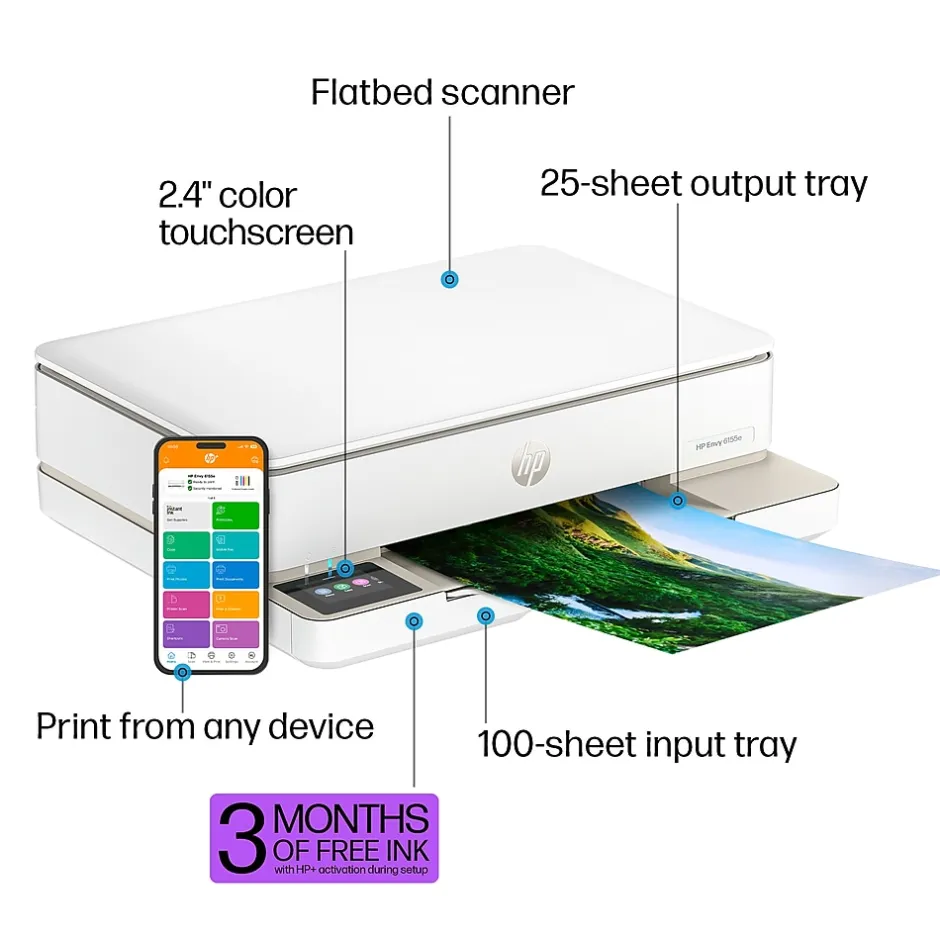 Instant Photo Printers<HP Envy 6155e Wireless All-in-One Color Inkjet Printer, Scanner, Copier, Best for Home, 3 months FREE ink with + (714L5A)
