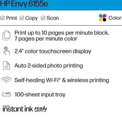 Instant Photo Printers<HP Envy 6155e Wireless All-in-One Color Inkjet Printer, Scanner, Copier, Best for Home, 3 months FREE ink with + (714L5A)
