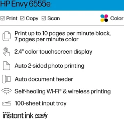 Instant Photo Printers<HP Envy 6555e Wireless All-in-One Color Inkjet Printer, Scanner, Copier, Best for home, 3 months FREE ink with + (714N5A)