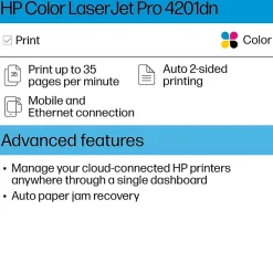 Color Printers<HP LaserJet Pro LJP 4201dn Color Laser Printer, Single-Function, Print (4RA85F)