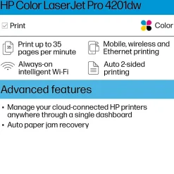 Color Printers<HP LaserJet Pro LJP 4201dw Wireless Color Laser Printer, Single-Function, Print (4RA86F)