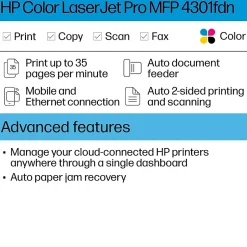 Color Printers<HP LaserJet Pro LJP 4301fdn Color Laser Printer, All-In-One, Print, Scan, Copy, Fax (4RA81F)