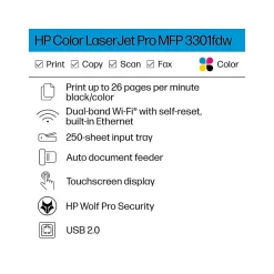 Color Printers<HP LaserJet Pro MFP 3301fdw Wireless All-in-One Color Laser Printer, Scanner, Copier, Fax, Best for Office (499Q5F)