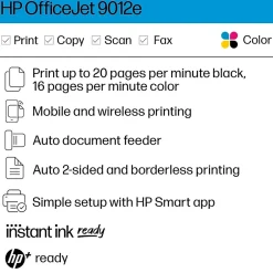 Color Printers<HP OfficeJet 9012e Wireless All-in-One Color Inkjet Printer, Duplex, Best for home office, 6 mo. Instant Ink with + (1G5L4A)