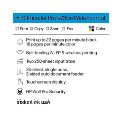 Instant Photo Printers<HP OfficeJet Pro 9730e Wide Format Wireless All-in-One Color Printer, Best for Office, 3 Months FREE INK with + (537P6A)