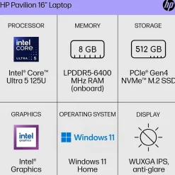 HP Pavilion 16" FHD AI Laptop, Intel Core Ultra 5-125U, 8GB RAM, 512GB SSD, Backlit Keyboard, Windows 11 Home* Gaming Laptops
