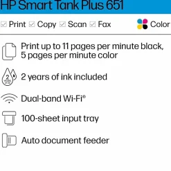 Color Printers<HP Smart Tank Plus 651 Wireless All-in-One Ink Tank Printer with up to 2 Years of Ink Included (7XV38A)