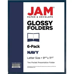 JAM Paper Laminated Two Glossy 2 Pocket Cardstock Presentation Folder, Navy Blue, 50/Box (5042523C) New