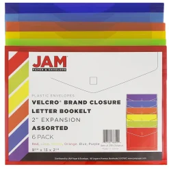 JAM Paper ® Plastic Envelopes with Hook & Loop Closure, Letter Size, Assorted Colors, 6/Pack (218V2OLIPRYS)* Business