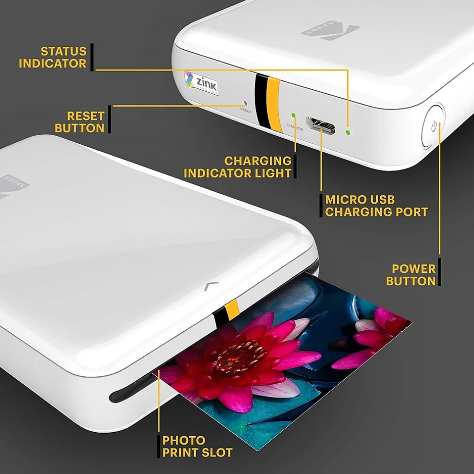Instant Photo Printers<Kodak Step Mobile Zero Ink Instant Photo Printer, Single-Function, White (RODMP20AMZW)