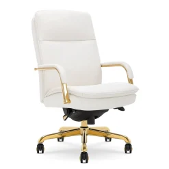 Clearance Opus Ergonomic Bonded Leather Swivel Executive Chair, White and Gold (CCHR10015A) Office Chairs