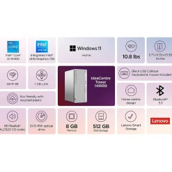 Lenovo IdeaCentre Tower Desktop Computer, Intel Core i5-14400, 8GB RAM, 512GB SSD, Mouse & Keyboard Included, Windows 11 Home* Gaming Desktops
