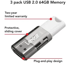 Lexar JumpDrive S60 64GB USB 2.0 Type A Flash Drive, Grey/White, 3/Pack (LJDS60-64GB3NNU)* Usb Flash Drives