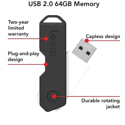 Lexar Twist Turn2 64GB USB 2.0 Type-A Flash Drive, Black (JDTT2-64GABNABK)* Usb Flash Drives