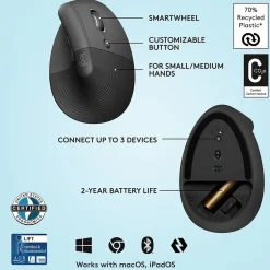 Logitech Lift Vertical Wireless Ergonomic Vertical Optical Bluetooth & USB Mouse, (910-006466)* Ergonomic Mice