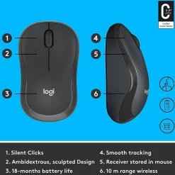 Logitech M220 Silent Wireless Ambidextrous Optical Mouse, Graphite (910-006127)* Ergonomic Mice