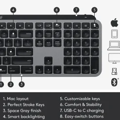 Logitech MX Keys for Mac Wireless Keyboard, Space Gray (920-009552)* Keyboards