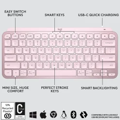 Logitech MX Keys Mini Wireless Ergonomic Keyboard, Rose (920-010474)* Ergonomic Keyboards