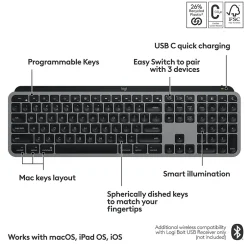 Logitech MX Keys S for Mac Wireless Keyboard, Space Gray (920-011621)* Keyboards