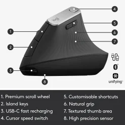 Logitech MX Vertical Wireless Ergonomic Vertical Ambidextrous Optical 2.4 GHz Mouse, Graphite (910-005447)* Ergonomic Mice