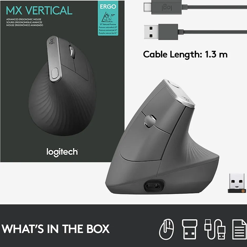 Logitech MX Vertical Wireless Ergonomic Vertical Ambidextrous Optical 2.4 GHz Mouse, Graphite (910-005447)* Ergonomic Mice