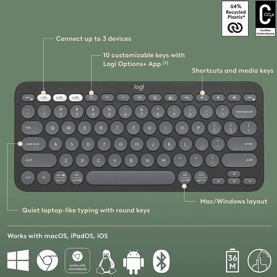 Logitech Pebble Keys 2 K380S Wireless Ergonomic Keyboard, Black (920-011775)* Ergonomic Keyboards