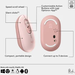 Logitech POP Wireless Ambidextrous Optical Mouse, Rose (910-007409)* Mice