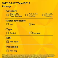 Ear Protection<3M E-A-R TaperFit 2 Uncorded Earplugs, 200 Pairs/Box (312-1219)