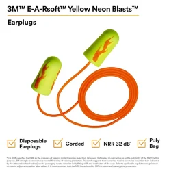 Ear Protection<3M E-A-Rsoft Yellow Neon Blasts Earplugs, Corded, Poly Bag, Regular Size, 200 Pairs/Pack(311-1252)