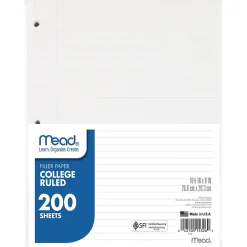 Mead College Ruled Filler Paper, 8" x 10.5", 3-Hole Punched, 200 Sheets/Pack, 3/Bundle (MEA15326-3) Best