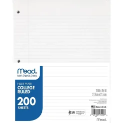 Mead College Ruled Filler Paper, 8.5" x 11", 3-Hole Punched, 200 Sheets/Pack (MEA17208) Clearance