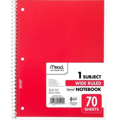 Mead 1-Subject Notebook, 8.0" x 10.5", Wide Ruled, 70 Sheets, Red (05510AB5) New