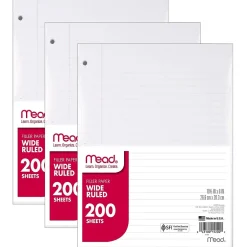 Mead Wide Ruled Filler Paper, 10.5 x 8", White, 200 Sheets/Pack, 3 Packs (MEA15200-3) Sale