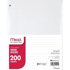 Mead Wide Ruled Filler Paper, 8" x 10.5", 3-Hole Punched, 200 Sheets/Pack (15200) Hot