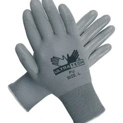 Work Gloves<MCR Safety Memphis Gloves® UltraTech® Coated Gloves, Polyurethane, Hemmed Cuff, L Size, Grey, 12 Pairs