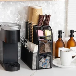 Coffee Organizers<Mind Reader 3-Tier 11-Compartment Metal Cup and Condiment Countertop Organizer, Black (MESHCAD-BLK)