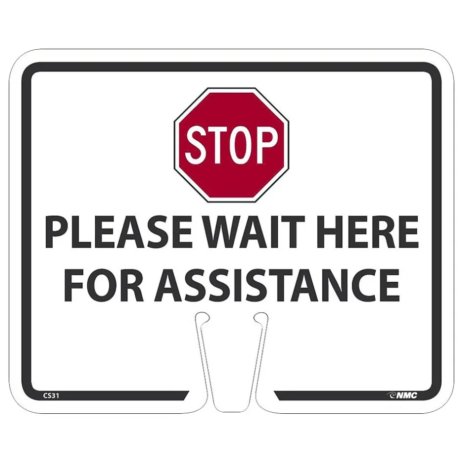 Social Distance Signage<National Marker Cone Top, "Please Wait Here for Assistance," 10.38" x 12.63", White (CS31)