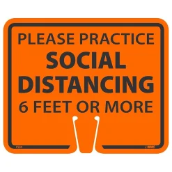 Social Distance Signage<National Marker Cone Top, "Please Practice Social Distancing 6 Feet or More," 10.38" x 12.63", Orange (CS30)
