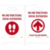 Social Distance Signage<National Marker Double-Sided A-Frame Sign, "We are Practicing Social Distancing," 19" x 12", White/Red (FS44)