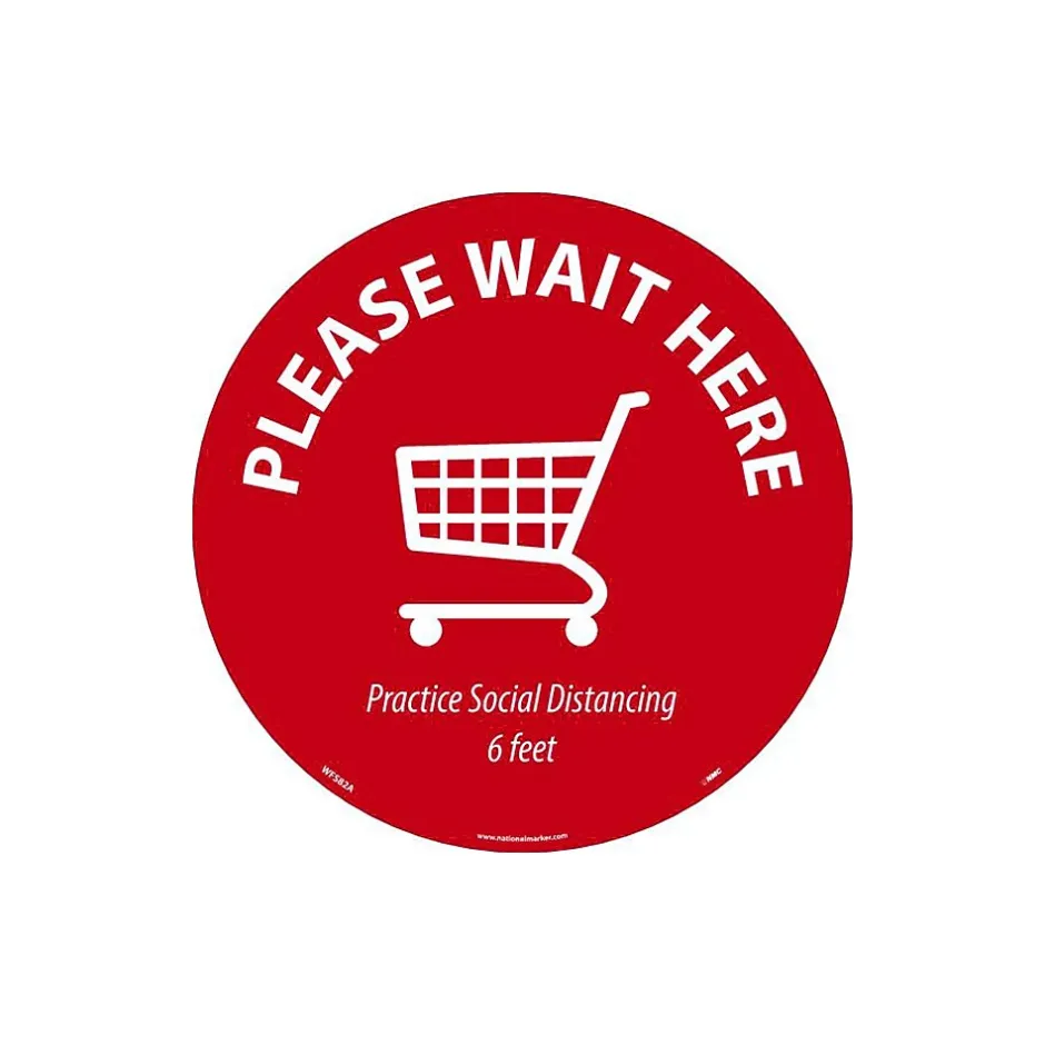 Social Distance Signage<National Marker Temp-Step™ Floor Decal, "Please Wait Here," 8", Red/White (WFS82A)