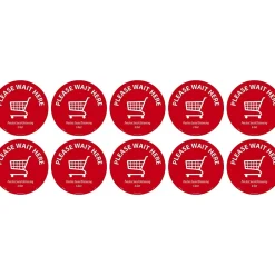 Social Distance Signage<National Marker TexWalk® Floor Decal, "Please Wait Here," 8", Red/White, 10 (WFS82TX10)
