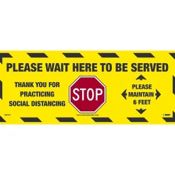Social Distance Signage<National Marker Walk-On™ Floor Decal, "Please Wait Here to be Served," 8" x 20", Yellow/Black/Red (WFS75)