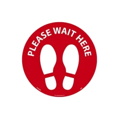 Social Distance Signage<National Marker Walk-On™ Floor Decal, "Please Wait Here," 8", Red/White (WFS83RD)