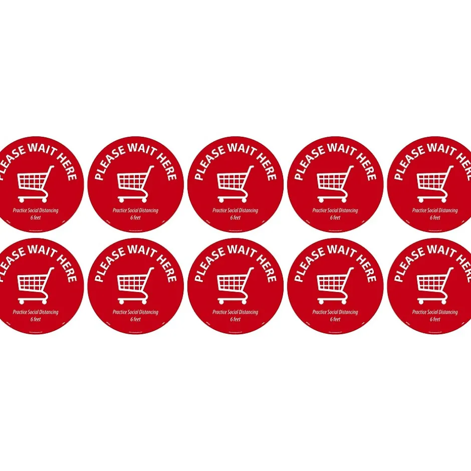 Social Distance Signage<National Marker Walk-On™ Floor Decal, "Please Wait Here," 8", Red/White, 10 (WFS8210)