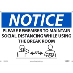 Social Distance Signage<National Marker Wall Sign, "Please Maintain Social Distancing While Using Breakroom," Plastic, 10" x 14", Blue/White (N521RB)
