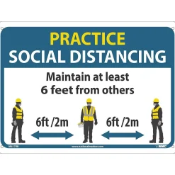 Social Distance Signage<National Marker Wall Sign, "Practice Social Distancing," Plastic, 10" x 14", Blue/White/Yellow (M619RB)