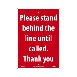 Social Distance Signage<National Marker Wall Sign, "Please Stand Behind the Line Until Called. Thank You," Plastic, 14" x 10", Red (M611RB)