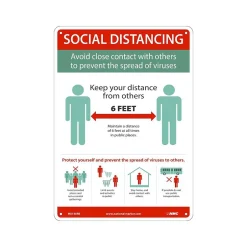 Social Distance Signage<National Marker Wall Sign, "Social Distancing," Plastic, 14" x 10", Green/White/Red (M0148RB)