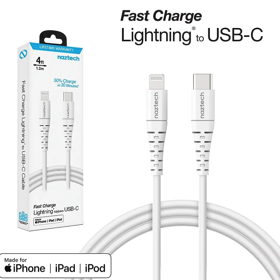 Power Cables<Naztech 14138 4 ft. Fast Charge MFi Lightning to USB-C Cable, White